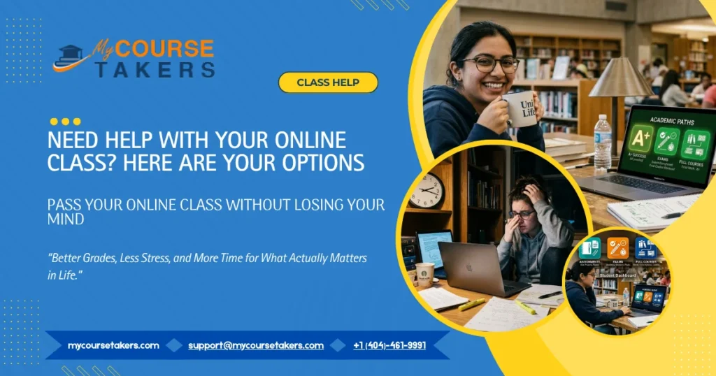"My Course Takers" banner ad. Contrast images: smiling student in library vs. stressed student studying online at home late.