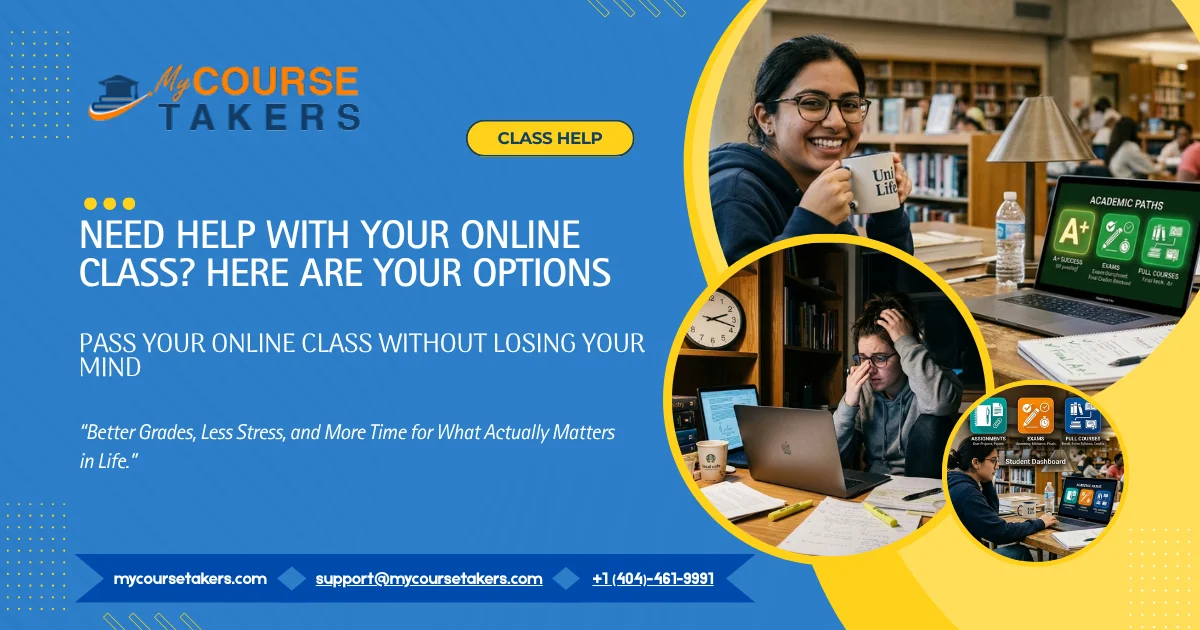"My Course Takers" banner ad. Contrast images: smiling student in library vs. stressed student studying online at home late.